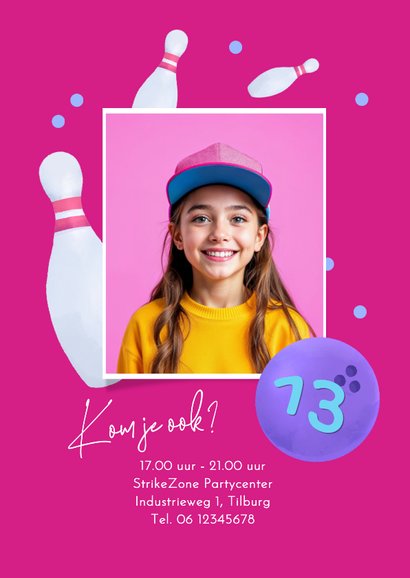 Uitnodiging kinderfeestje bowlen confetti foto party 2