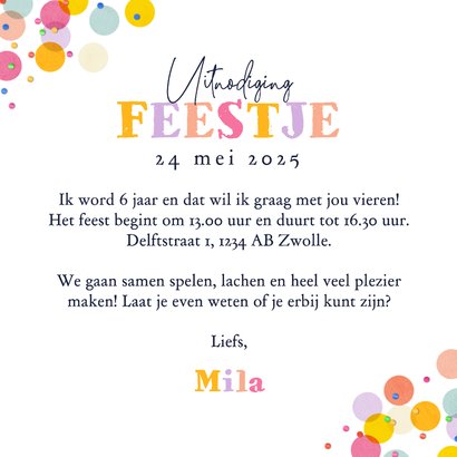 Uitnodiging kinderfeestje confetti kleurrijk foto's Achterkant