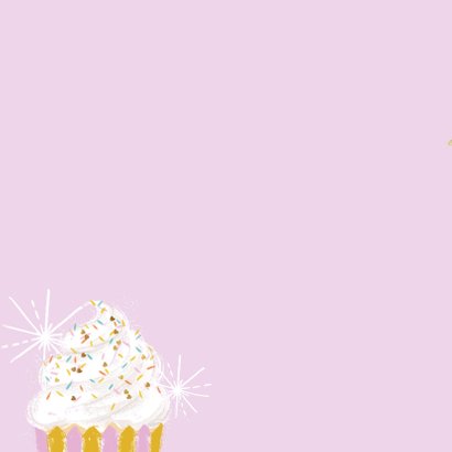 Uitnodiging kinderfeestje cupcake goud confetti foto ster Achterkant