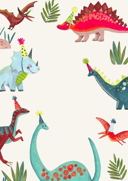 Uitnodiging kinderfeestje dinosaurus met verjaardag hoedjes Achterkant