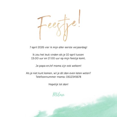 Uitnodiging kinderfeestje jongen 1 jaar giraf waterverf 3