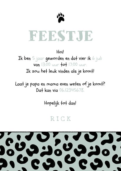 Uitnodiging kinderfeestje jongen luipaard panter dieren 3