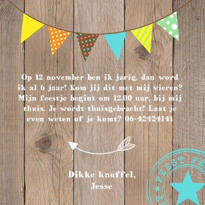 Uitnodiging kinderfeestje jongen slinger houtprint 3