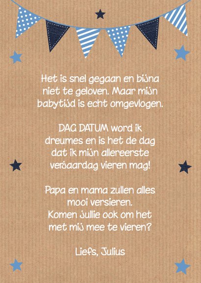 Uitnodiging kinderfeestje kraft blauw fotocollage slinger 3
