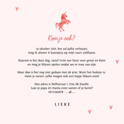 Uitnodiging kinderfeestje lief en stijlvol eenhoorn 3