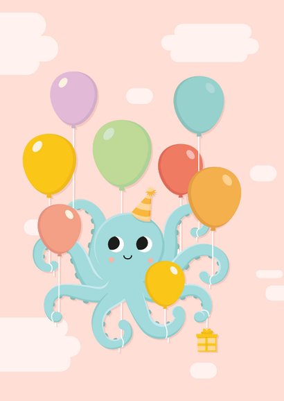 Uitnodiging kinderfeestje meisje met octopus met ballonnen 2