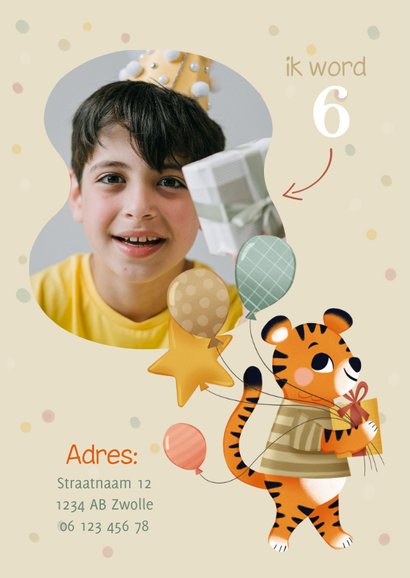 Uitnodiging kinderfeestje met tijger ballonnen en confetti 2