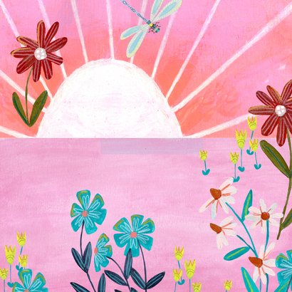 Uitnodiging kinderfeestje roze eenhoorn en bloemen in de zon Achterkant