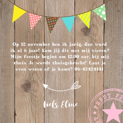 Uitnodiging kinderfeestje slinger kleur hout meisje 3