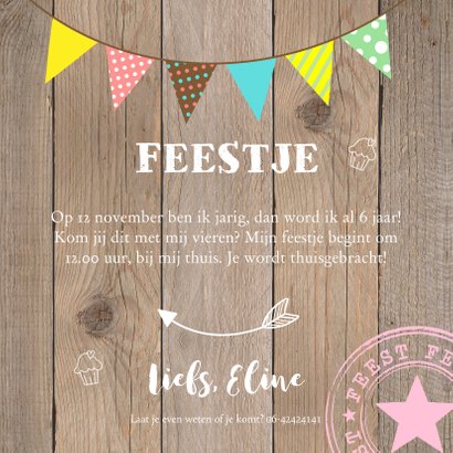 Uitnodiging kinderfeestje slinger kleur hout meisje 3