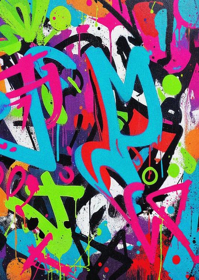 Uitnodiging kinderfeestje stoer graffiti kleurrijk hip foto Achterkant