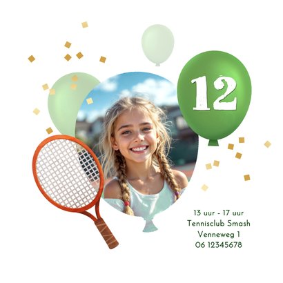Uitnodiging kinderfeestje tennis ballonnen confetti 2
