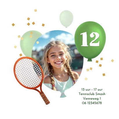 Uitnodiging kinderfeestje tennis ballonnen confetti 2