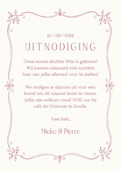 Uitnodiging kraamborrel klassiek meisje met ooievaar 3