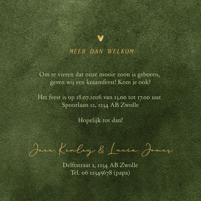 Uitnodiging kraamborrel velvet look groen natuurlijk hartje Achterkant