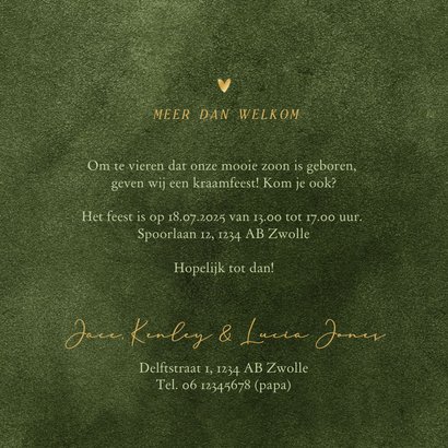 Uitnodiging kraamborrel velvet look groen natuurlijk hartje Achterkant