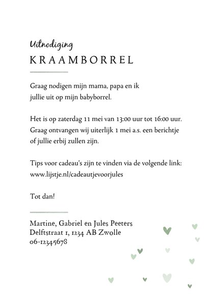 Uitnodiging kraamfeest baby waterverf hartjes foto groen 3