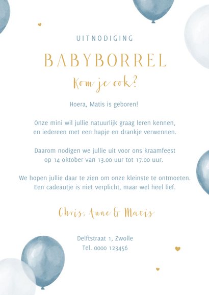 Uitnodiging kraamfeest ballonnen hartjes babyborrel 3