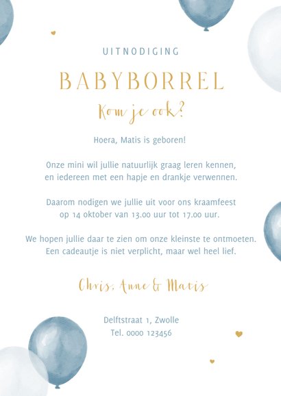Uitnodiging kraamfeest ballonnen hartjes babyborrel 3