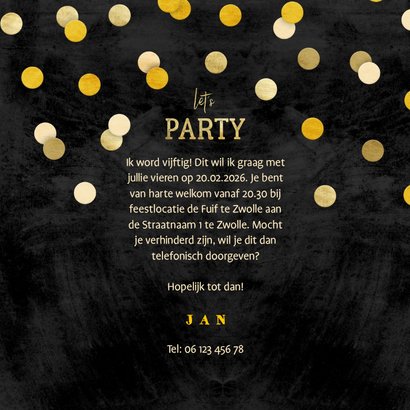 Uitnodiging krijtbord gouden 'let's party' met confetti 3