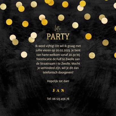Uitnodiging krijtbord gouden 'let's party' met confetti 3