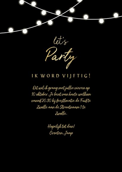 Uitnodiging lampjes gouden 'let's party' met foto's 3