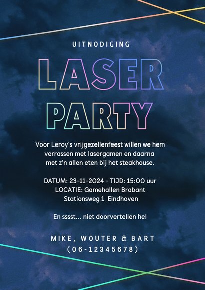 Uitnodiging lasergamen feestje met holografische foliedruk 3