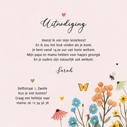 Uitnodiging lentefeest bloemen vlinders hartjes foto 3