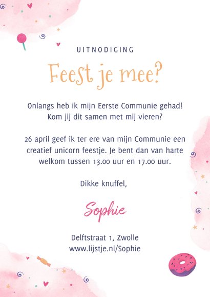 Uitnodiging lentefeest communie eenhoorn roze magisch snoep 3