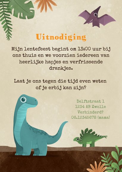 Uitnodiging lentefeest dino kostuum dinosaurussen  3