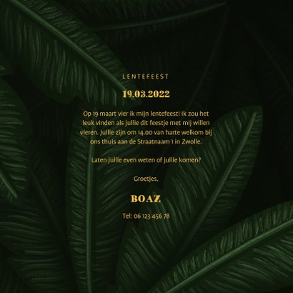 Uitnodiging lentefeest jungle bladeren met foto's 3