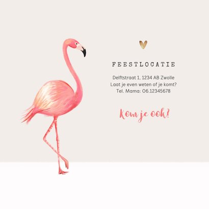 Uitnodiging lentefeest meisje flamingo gouden hartjes 2