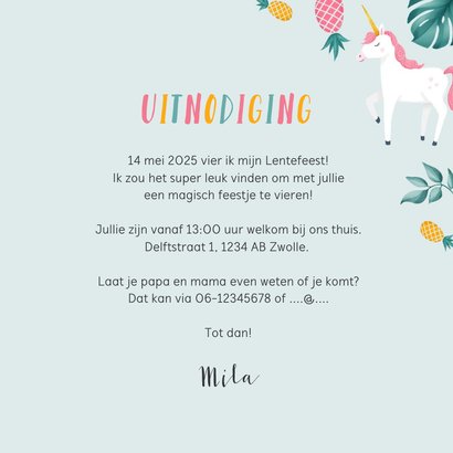 Uitnodiging lentefeest meisje hip tropical unicorn ananas 3