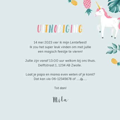 Uitnodiging lentefeest meisje hip tropical unicorn ananas 3