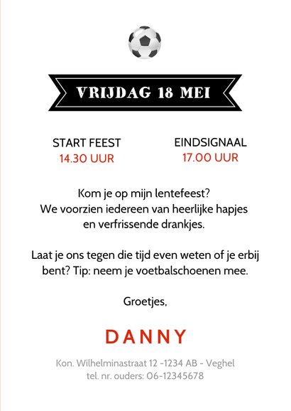 Uitnodiging lentefeest voetbalshirt rood wit zwart 3