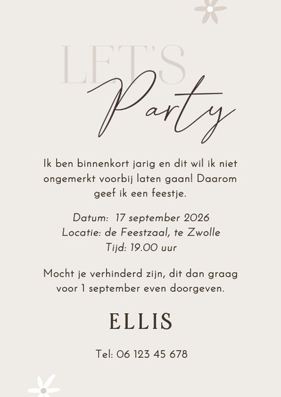 Uitnodiging let's party grijs beige bloemen en twee foto's 3