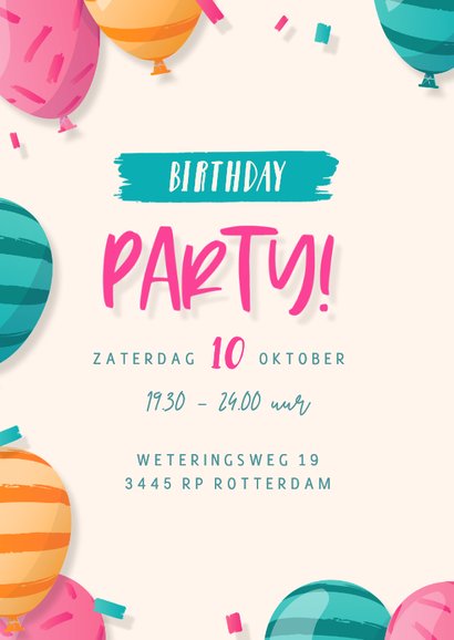 Uitnodiging met eigen foto, kleurrijke ballonnen en confetti 2
