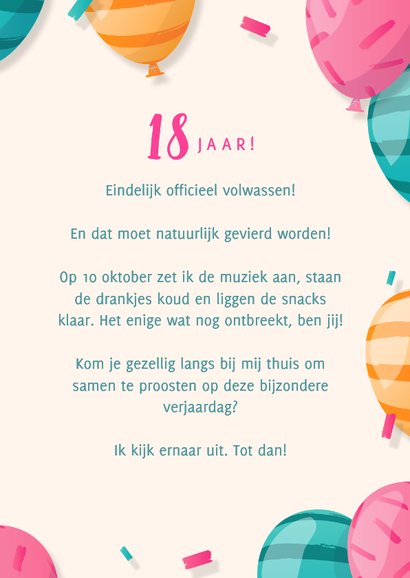 Uitnodiging met eigen foto, kleurrijke ballonnen en confetti 3