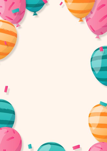 Uitnodiging met eigen foto, kleurrijke ballonnen en confetti Achterkant