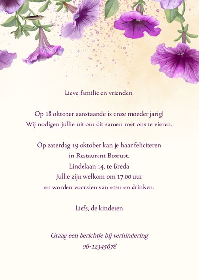 Uitnodiging met paarse petunia's 3