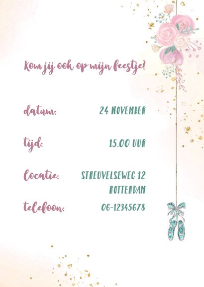 Uitnodiging met prinses balletmeisje 3