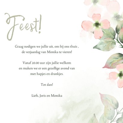 Uitnodiging met roze bloemen in waterverf met foto 3
