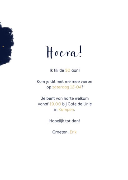 Uitnodiging met verflook en gouden spetters rechthoek 3