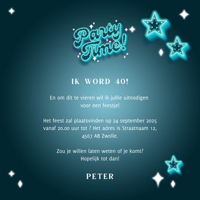 Uitnodiging neon 'Party Time!' met sterren 3