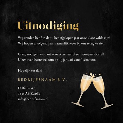 Uitnodiging nieuwjaarsborrel champagne oliebol sterren goud 3