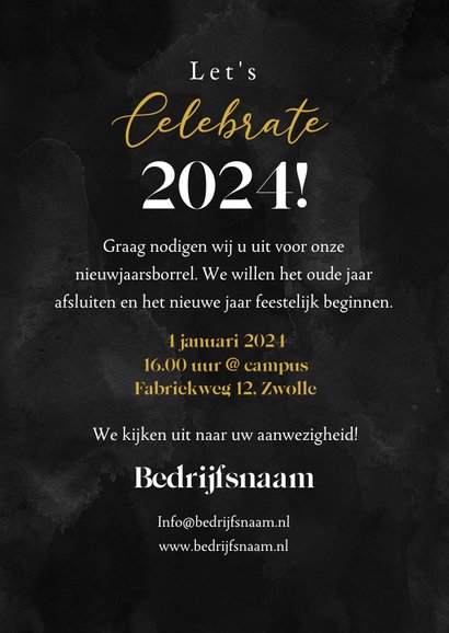 Uitnodiging nieuwjaarsborrel champagne vuurwerk goud 3