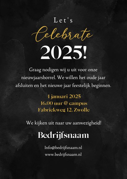 Uitnodiging nieuwjaarsborrel champagne vuurwerk goud 3