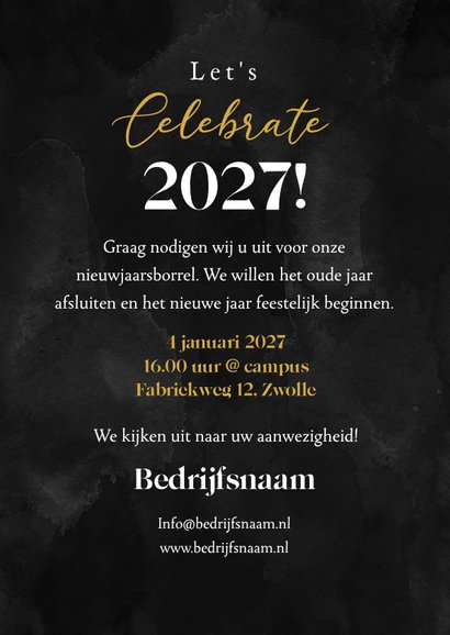 Uitnodiging nieuwjaarsborrel champagne vuurwerk goud 3