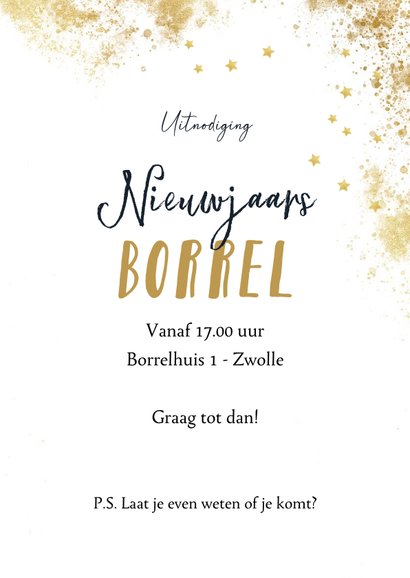 Uitnodiging nieuwjaarsborrel champagneglas foto goud sterren 3