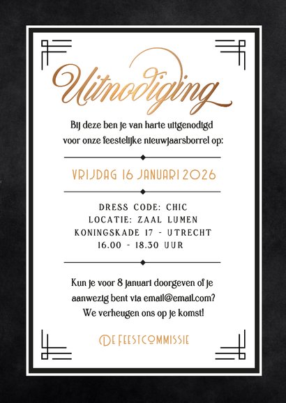Uitnodiging nieuwjaarsborrel chic met vlinderstrikje 3